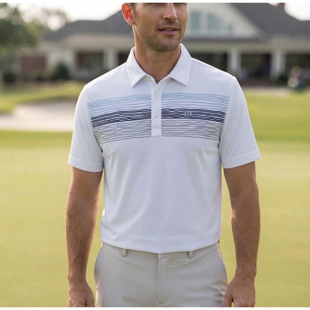 TravisMathew Mens Medium Grey Striped Performance Golf Polo Shirt Activewear